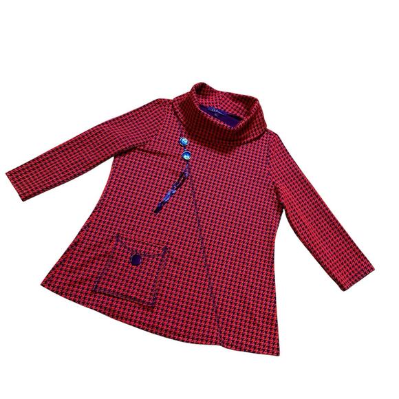 NWT Calessa Womens Stretch Knit Houndstooth Cowl Neck Tunic Top Size L Red Black - Picture 6 of 16